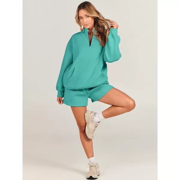 imageANRABESS Women 2 Piece Outfits Sweatsuit Oversized Half Zip Collared Sweatshirt amp Short Set Lounge Wear Tracksuit SetLake Green
