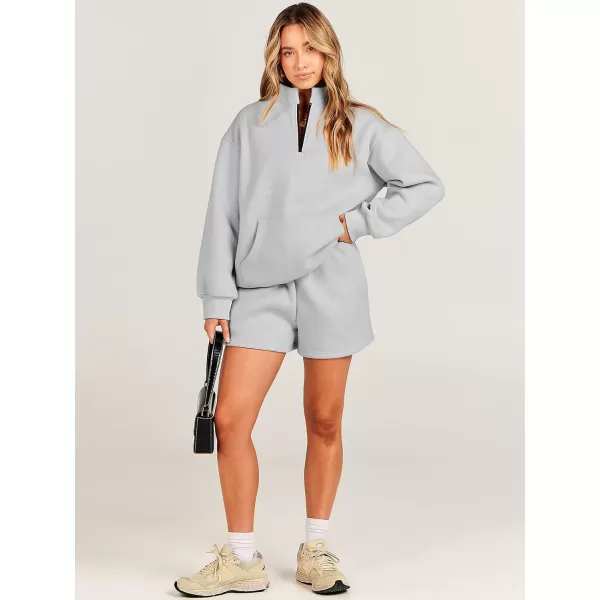 imageANRABESS Women 2 Piece Outfits Sweatsuit Oversized Half Zip Collared Sweatshirt amp Short Set Lounge Wear Tracksuit SetLight Gray