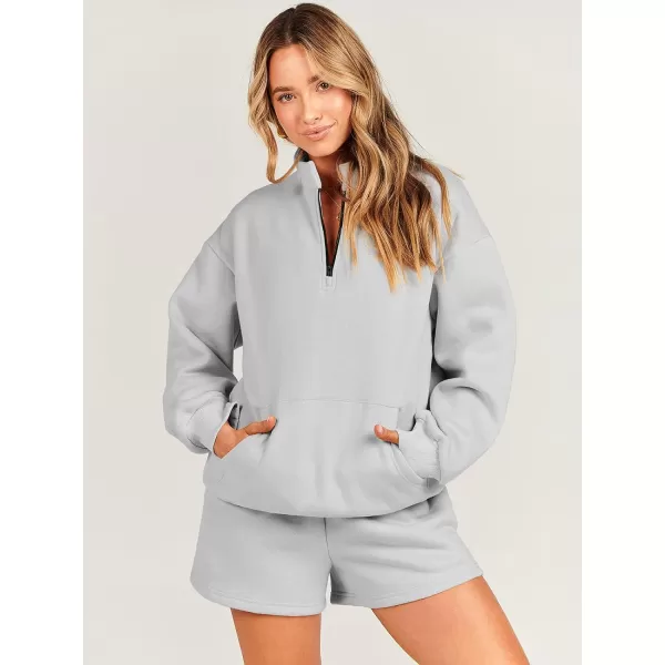 imageANRABESS Women 2 Piece Outfits Sweatsuit Oversized Half Zip Collared Sweatshirt amp Short Set Lounge Wear Tracksuit SetLight Gray