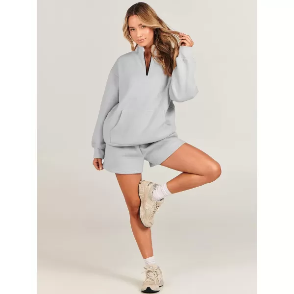 imageANRABESS Women 2 Piece Outfits Sweatsuit Oversized Half Zip Collared Sweatshirt amp Short Set Lounge Wear Tracksuit SetLight Gray