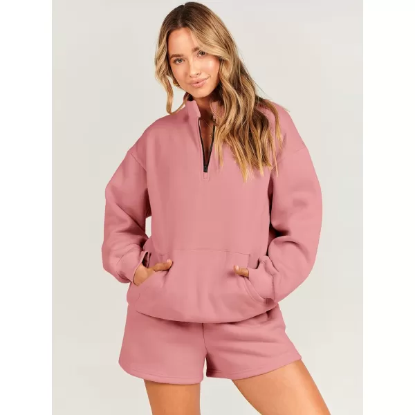 imageANRABESS Women 2 Piece Outfits Sweatsuit Oversized Half Zip Collared Sweatshirt amp Short Set Lounge Wear Tracksuit SetPeach