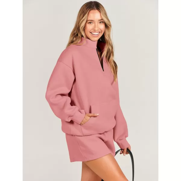 imageANRABESS Women 2 Piece Outfits Sweatsuit Oversized Half Zip Collared Sweatshirt amp Short Set Lounge Wear Tracksuit SetPeach