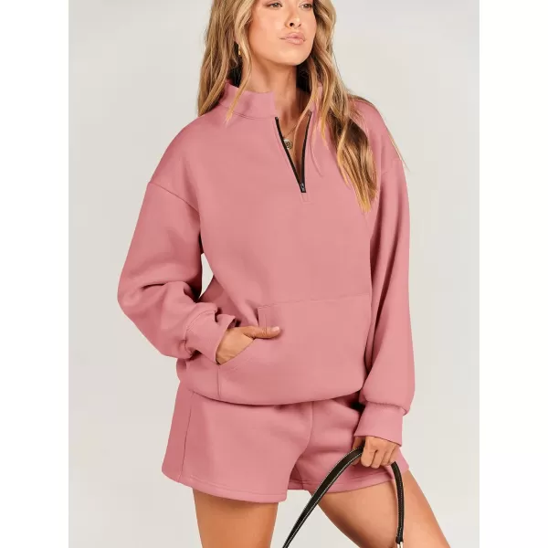 imageANRABESS Women 2 Piece Outfits Sweatsuit Oversized Half Zip Collared Sweatshirt amp Short Set Lounge Wear Tracksuit SetPeach