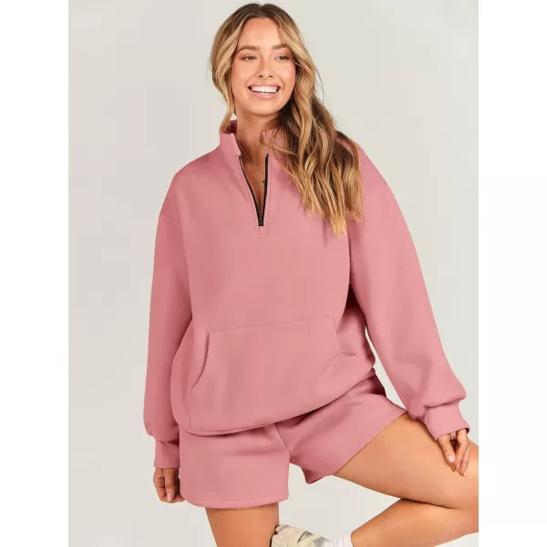 imageANRABESS Women 2 Piece Outfits Sweatsuit Oversized Half Zip Collared Sweatshirt amp Short Set Lounge Wear Tracksuit SetPeach