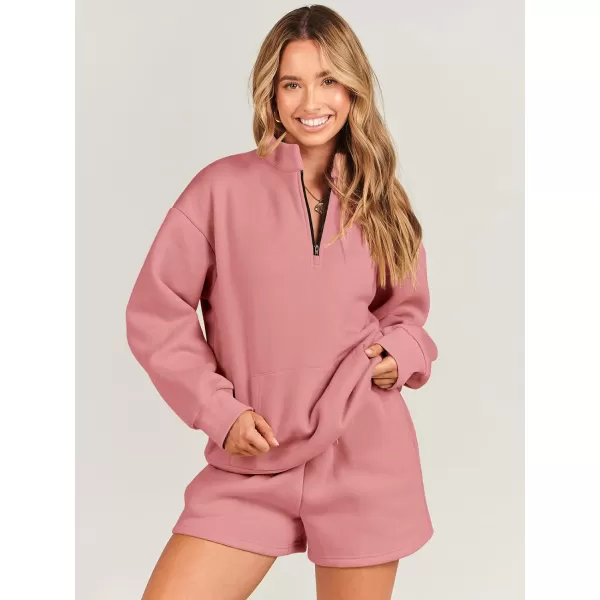 imageANRABESS Women 2 Piece Outfits Sweatsuit Oversized Half Zip Collared Sweatshirt amp Short Set Lounge Wear Tracksuit SetPeach