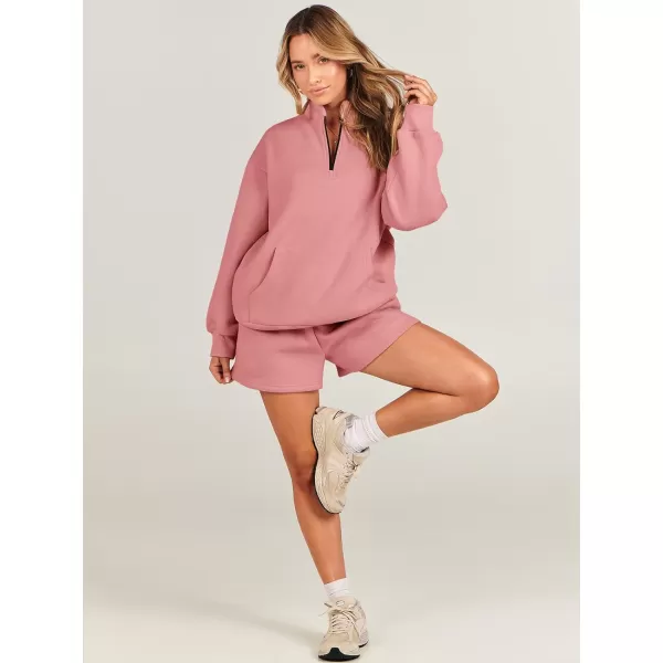 imageANRABESS Women 2 Piece Outfits Sweatsuit Oversized Half Zip Collared Sweatshirt amp Short Set Lounge Wear Tracksuit SetPeach