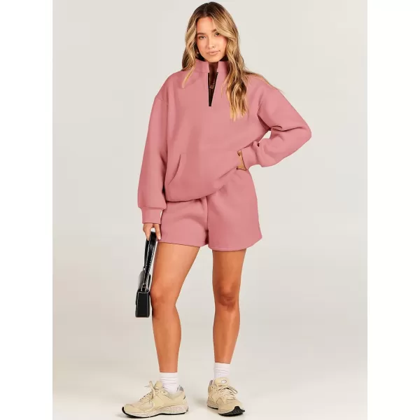imageANRABESS Women 2 Piece Outfits Sweatsuit Oversized Half Zip Collared Sweatshirt amp Short Set Lounge Wear Tracksuit SetPeach