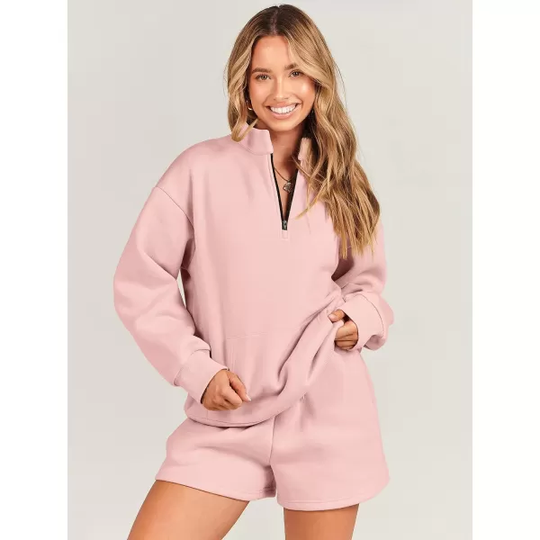 imageANRABESS Women 2 Piece Outfits Sweatsuit Oversized Half Zip Collared Sweatshirt amp Short Set Lounge Wear Tracksuit SetPink