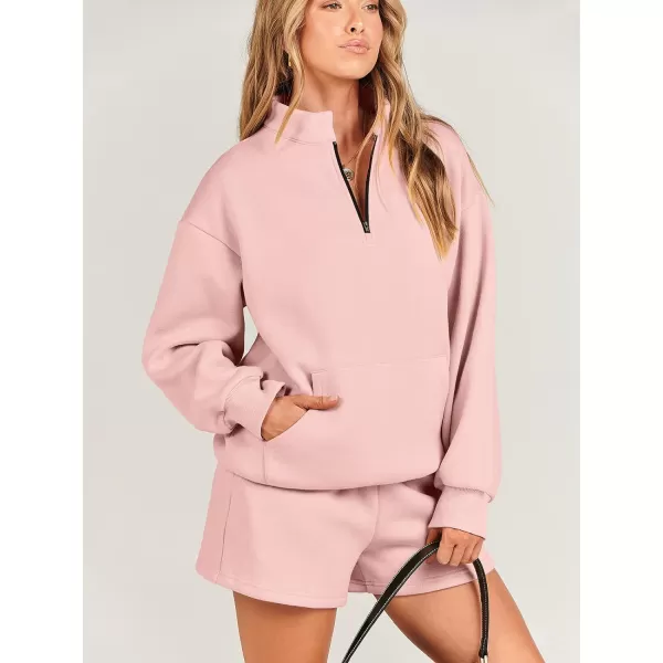 imageANRABESS Women 2 Piece Outfits Sweatsuit Oversized Half Zip Collared Sweatshirt amp Short Set Lounge Wear Tracksuit SetPink