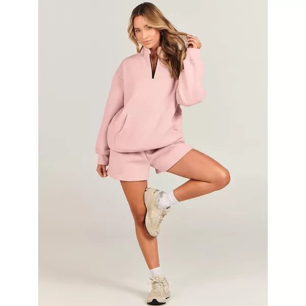 imageANRABESS Women 2 Piece Outfits Sweatsuit Oversized Half Zip Collared Sweatshirt amp Short Set Lounge Wear Tracksuit SetPink
