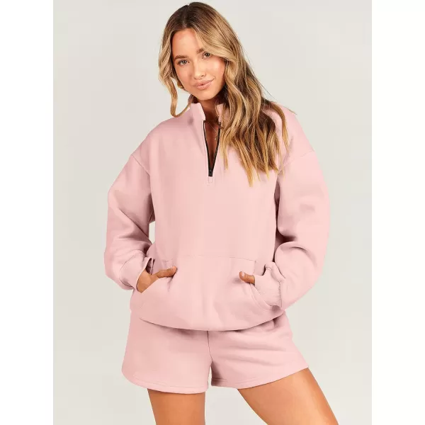 imageANRABESS Women 2 Piece Outfits Sweatsuit Oversized Half Zip Collared Sweatshirt amp Short Set Lounge Wear Tracksuit SetPink