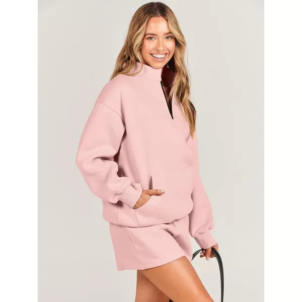 imageANRABESS Women 2 Piece Outfits Sweatsuit Oversized Half Zip Collared Sweatshirt amp Short Set Lounge Wear Tracksuit SetPink