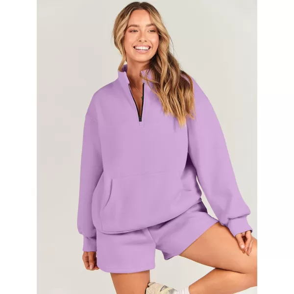 imageANRABESS Women 2 Piece Outfits Sweatsuit Oversized Half Zip Collared Sweatshirt amp Short Set Lounge Wear Tracksuit SetPurple