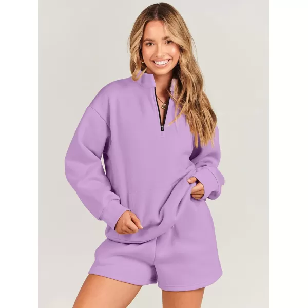 imageANRABESS Women 2 Piece Outfits Sweatsuit Oversized Half Zip Collared Sweatshirt amp Short Set Lounge Wear Tracksuit SetPurple