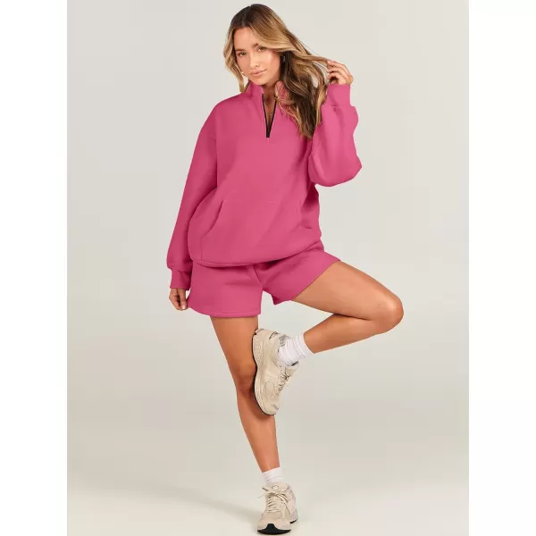 imageANRABESS Women 2 Piece Outfits Sweatsuit Oversized Half Zip Collared Sweatshirt amp Short Set Lounge Wear Tracksuit SetRed