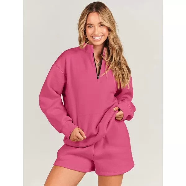 imageANRABESS Women 2 Piece Outfits Sweatsuit Oversized Half Zip Collared Sweatshirt amp Short Set Lounge Wear Tracksuit SetRed