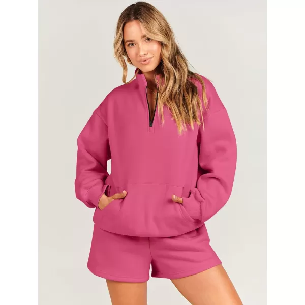 imageANRABESS Women 2 Piece Outfits Sweatsuit Oversized Half Zip Collared Sweatshirt amp Short Set Lounge Wear Tracksuit SetRed