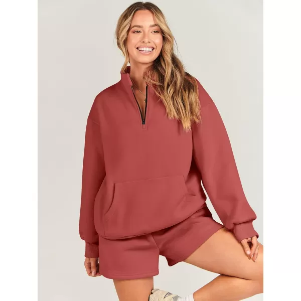 imageANRABESS Women 2 Piece Outfits Sweatsuit Oversized Half Zip Collared Sweatshirt amp Short Set Lounge Wear Tracksuit SetRust