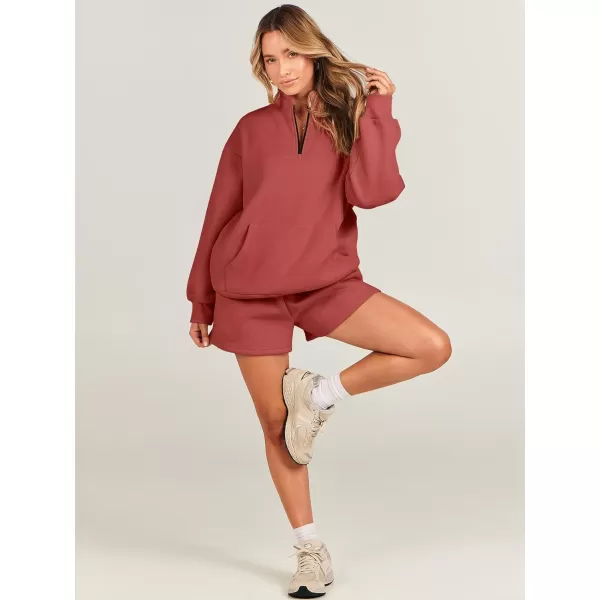 imageANRABESS Women 2 Piece Outfits Sweatsuit Oversized Half Zip Collared Sweatshirt amp Short Set Lounge Wear Tracksuit SetRust