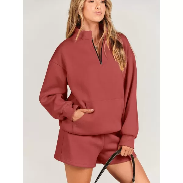 imageANRABESS Women 2 Piece Outfits Sweatsuit Oversized Half Zip Collared Sweatshirt amp Short Set Lounge Wear Tracksuit SetRust
