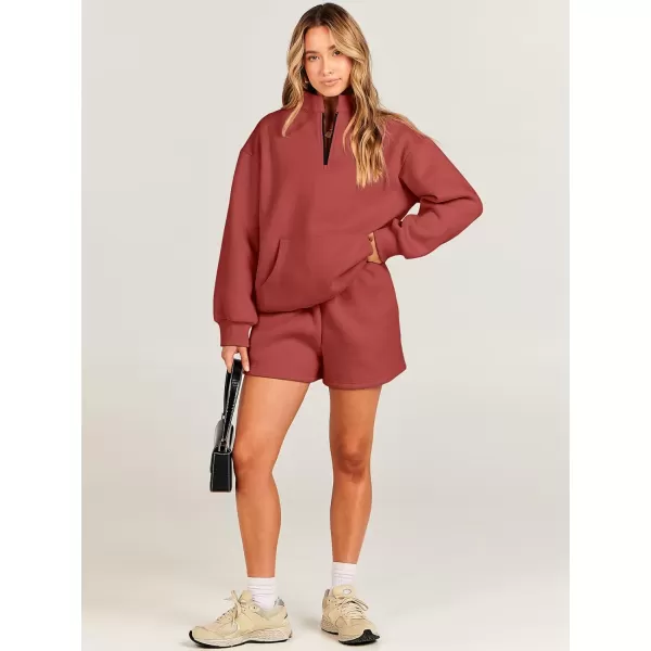 imageANRABESS Women 2 Piece Outfits Sweatsuit Oversized Half Zip Collared Sweatshirt amp Short Set Lounge Wear Tracksuit SetRust