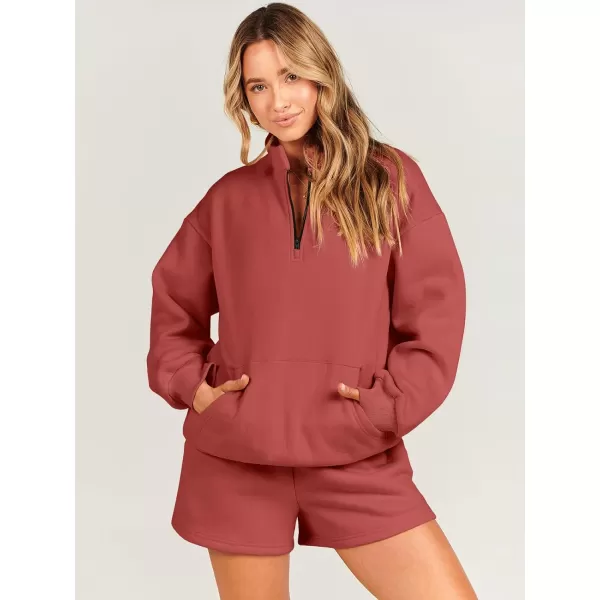 imageANRABESS Women 2 Piece Outfits Sweatsuit Oversized Half Zip Collared Sweatshirt amp Short Set Lounge Wear Tracksuit SetRust