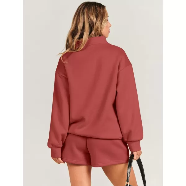 imageANRABESS Women 2 Piece Outfits Sweatsuit Oversized Half Zip Collared Sweatshirt amp Short Set Lounge Wear Tracksuit SetRust
