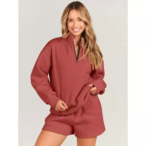 imageANRABESS Women 2 Piece Outfits Sweatsuit Oversized Half Zip Collared Sweatshirt amp Short Set Lounge Wear Tracksuit SetRust