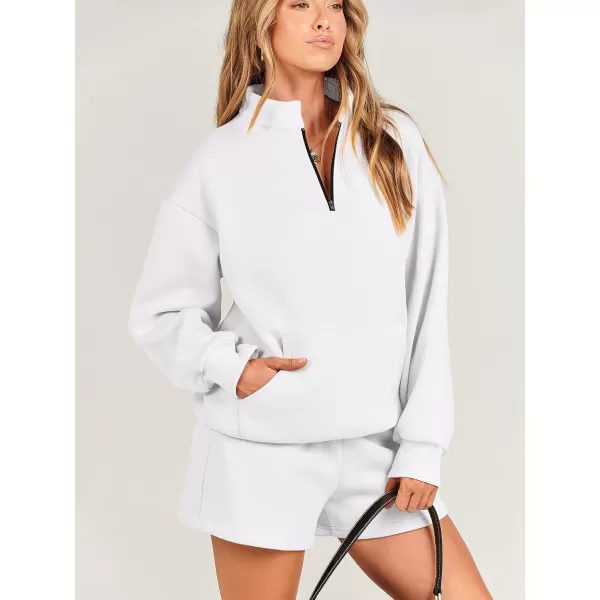 imageANRABESS Women 2 Piece Outfits Sweatsuit Oversized Half Zip Collared Sweatshirt amp Short Set Lounge Wear Tracksuit SetWhite
