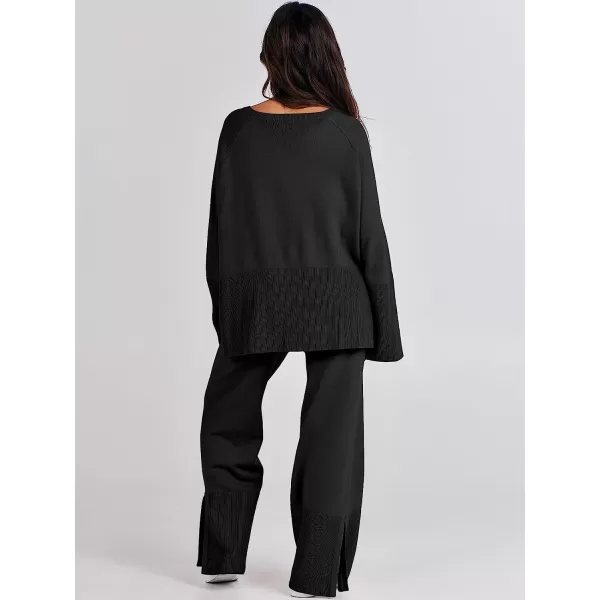 imageANRABESS Women 2 Piece Outfits Sweatsuit Oversized Knit Pullover and Drawstring Wide Leg Pants Sweater SetsBlack