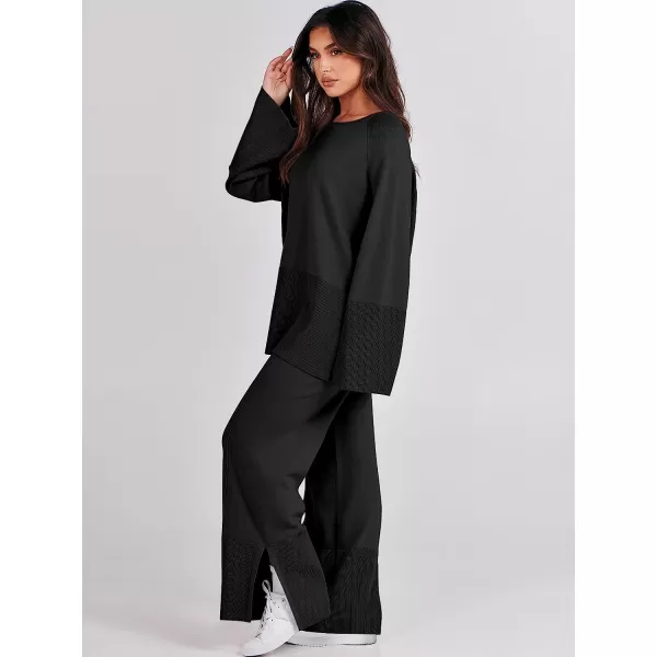 imageANRABESS Women 2 Piece Outfits Sweatsuit Oversized Knit Pullover and Drawstring Wide Leg Pants Sweater SetsBlack