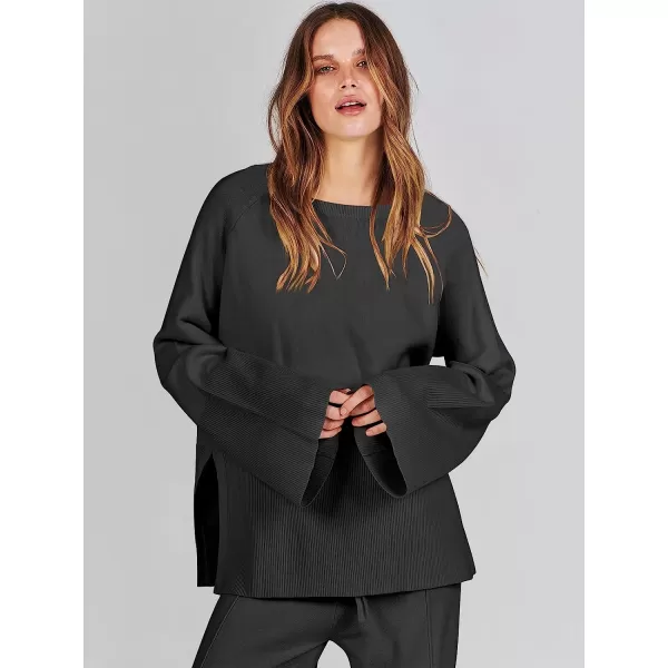 imageANRABESS Women 2 Piece Outfits Sweatsuit Oversized Knit Pullover and Drawstring Wide Leg Pants Sweater SetsBlack