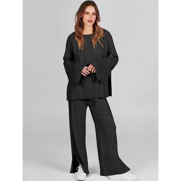 imageANRABESS Women 2 Piece Outfits Sweatsuit Oversized Knit Pullover and Drawstring Wide Leg Pants Sweater SetsBlack