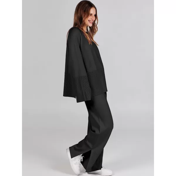 imageANRABESS Women 2 Piece Outfits Sweatsuit Oversized Knit Pullover and Drawstring Wide Leg Pants Sweater SetsBlack