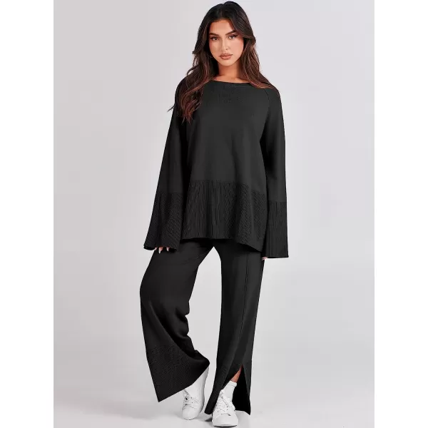imageANRABESS Women 2 Piece Outfits Sweatsuit Oversized Knit Pullover and Drawstring Wide Leg Pants Sweater SetsBlack
