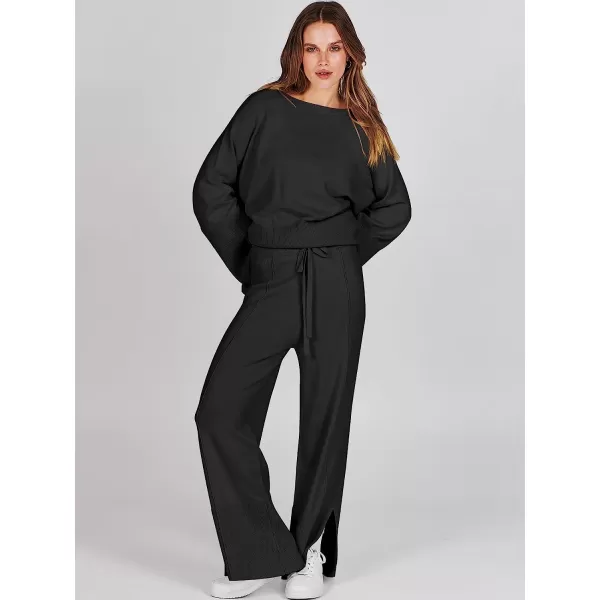 imageANRABESS Women 2 Piece Outfits Sweatsuit Oversized Knit Pullover and Drawstring Wide Leg Pants Sweater SetsBlack