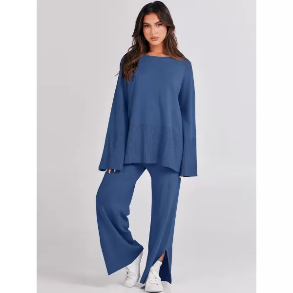 imageANRABESS Women 2 Piece Outfits Sweatsuit Oversized Knit Pullover and Drawstring Wide Leg Pants Sweater SetsBlue