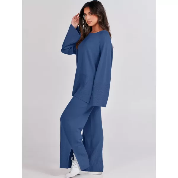 imageANRABESS Women 2 Piece Outfits Sweatsuit Oversized Knit Pullover and Drawstring Wide Leg Pants Sweater SetsBlue