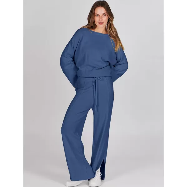 imageANRABESS Women 2 Piece Outfits Sweatsuit Oversized Knit Pullover and Drawstring Wide Leg Pants Sweater SetsBlue