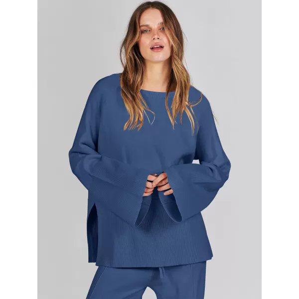 imageANRABESS Women 2 Piece Outfits Sweatsuit Oversized Knit Pullover and Drawstring Wide Leg Pants Sweater SetsBlue