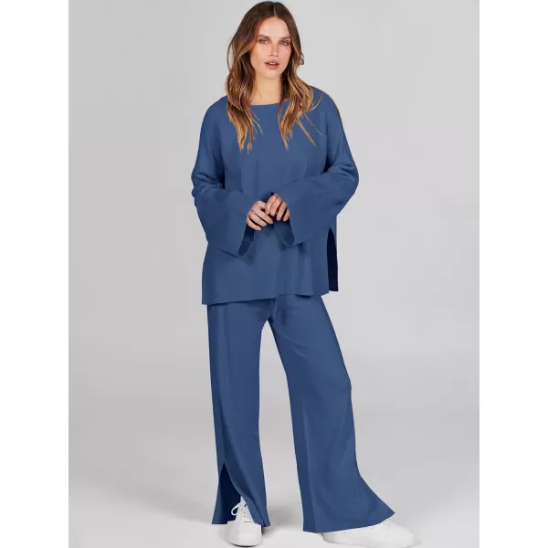 imageANRABESS Women 2 Piece Outfits Sweatsuit Oversized Knit Pullover and Drawstring Wide Leg Pants Sweater SetsBlue