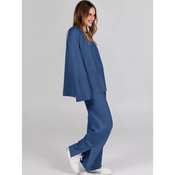 imageANRABESS Women 2 Piece Outfits Sweatsuit Oversized Knit Pullover and Drawstring Wide Leg Pants Sweater SetsBlue