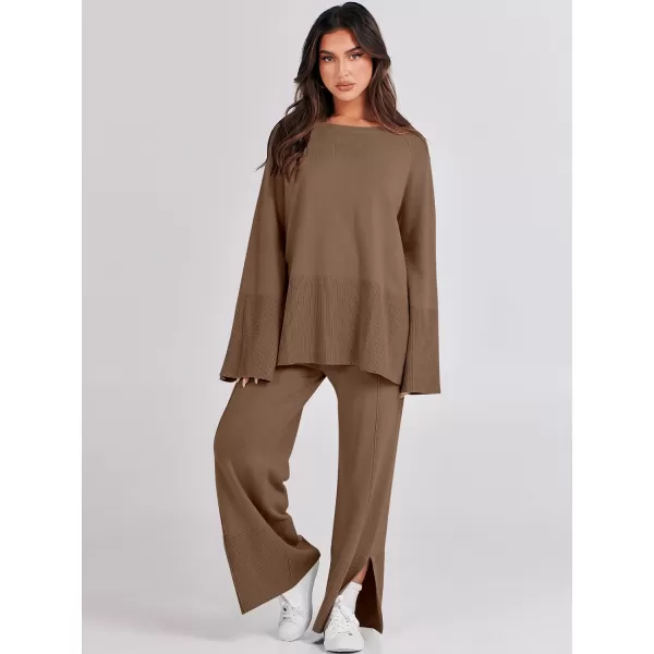 imageANRABESS Women 2 Piece Outfits Sweatsuit Oversized Knit Pullover and Drawstring Wide Leg Pants Sweater SetsBrown