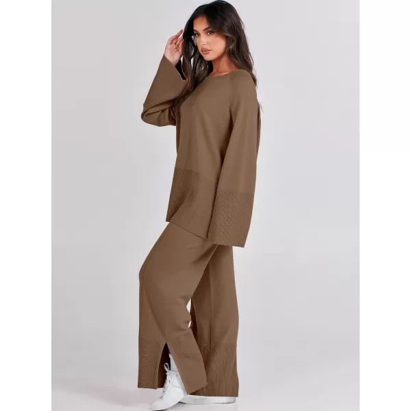 imageANRABESS Women 2 Piece Outfits Sweatsuit Oversized Knit Pullover and Drawstring Wide Leg Pants Sweater SetsBrown