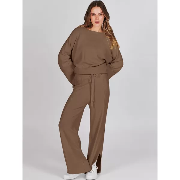 imageANRABESS Women 2 Piece Outfits Sweatsuit Oversized Knit Pullover and Drawstring Wide Leg Pants Sweater SetsBrown