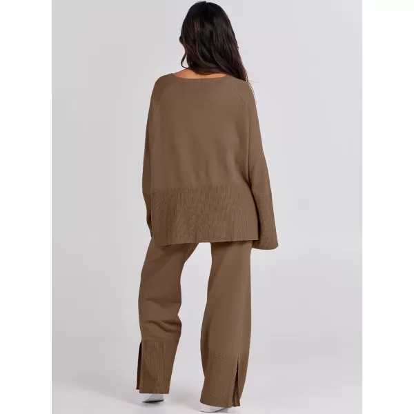 imageANRABESS Women 2 Piece Outfits Sweatsuit Oversized Knit Pullover and Drawstring Wide Leg Pants Sweater SetsBrown