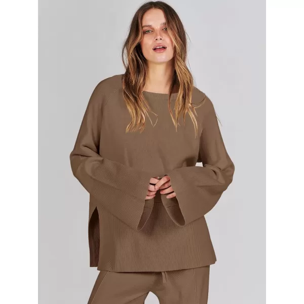 imageANRABESS Women 2 Piece Outfits Sweatsuit Oversized Knit Pullover and Drawstring Wide Leg Pants Sweater SetsBrown