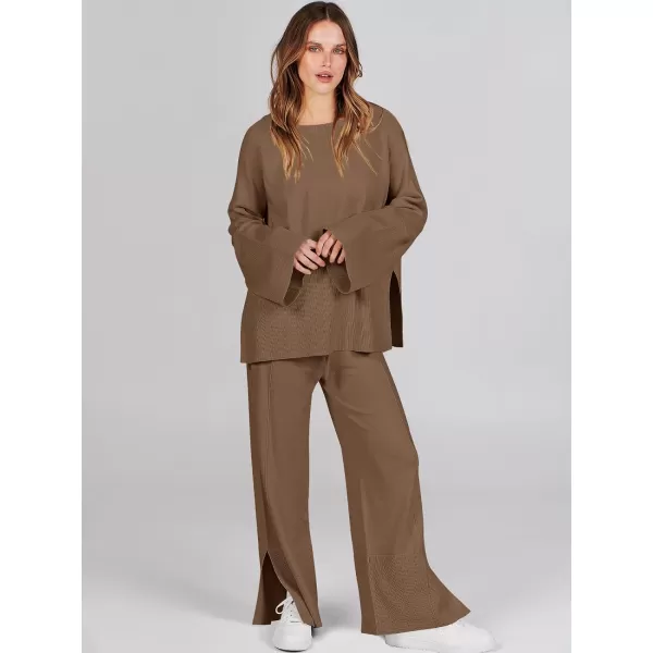 imageANRABESS Women 2 Piece Outfits Sweatsuit Oversized Knit Pullover and Drawstring Wide Leg Pants Sweater SetsBrown