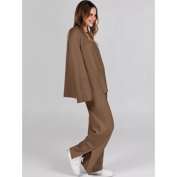 imageANRABESS Women 2 Piece Outfits Sweatsuit Oversized Knit Pullover and Drawstring Wide Leg Pants Sweater SetsBrown