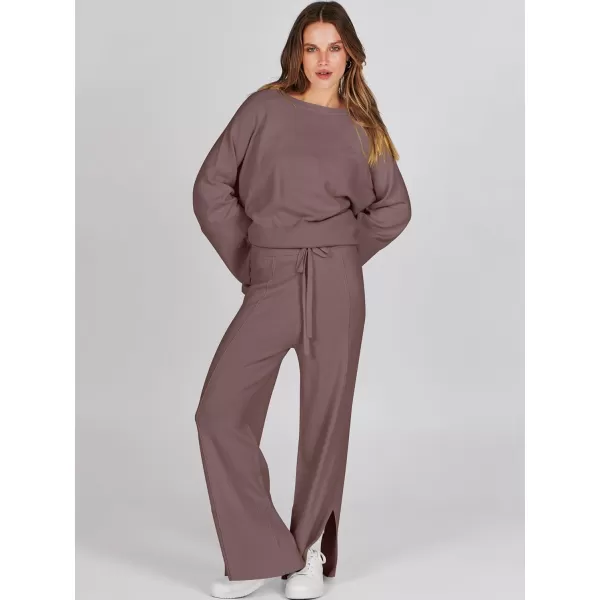 imageANRABESS Women 2 Piece Outfits Sweatsuit Oversized Knit Pullover and Drawstring Wide Leg Pants Sweater SetsCoffee